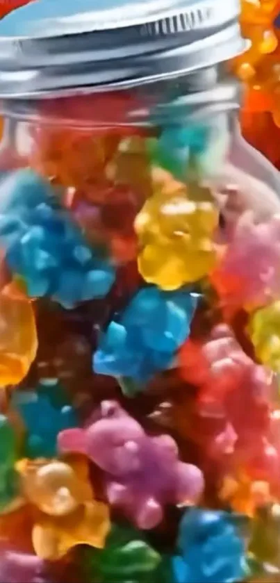 Jar of colorful gummy bears in vibrant hues.