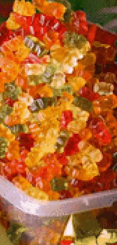 Colorful gummy bear pile on a table surface.