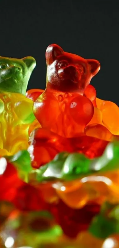 Close-up of colorful gummy bears in various bright colors.