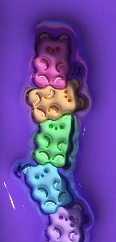 Stack of colorful gummy bears with purple background.