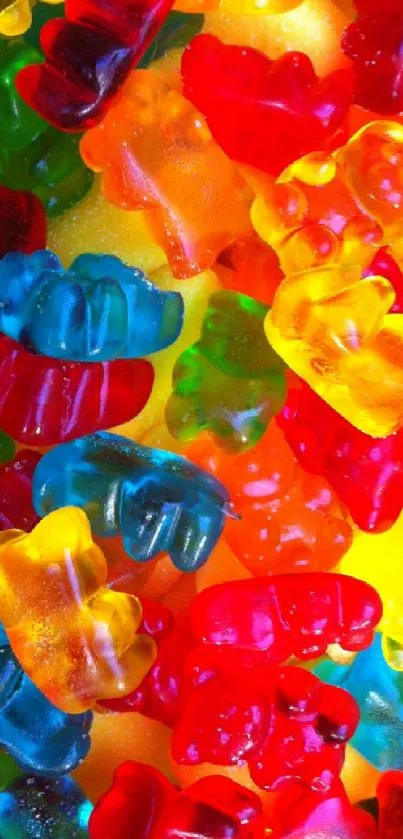 Colorful gummy bears on a vibrant yellow background.