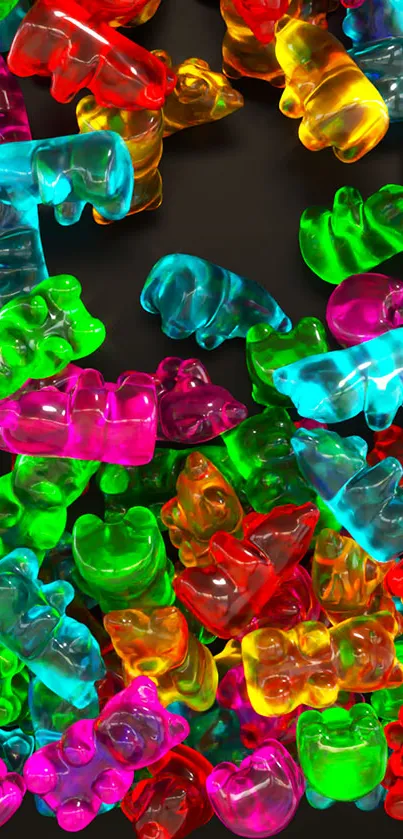 Colorful gummy bears in neon hues cascade over a dark background.