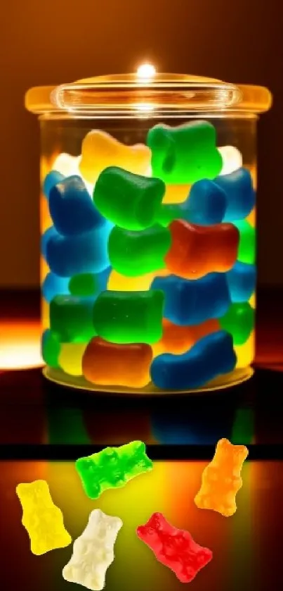 Colorful gummy bears in a glass jar with warm lighting.