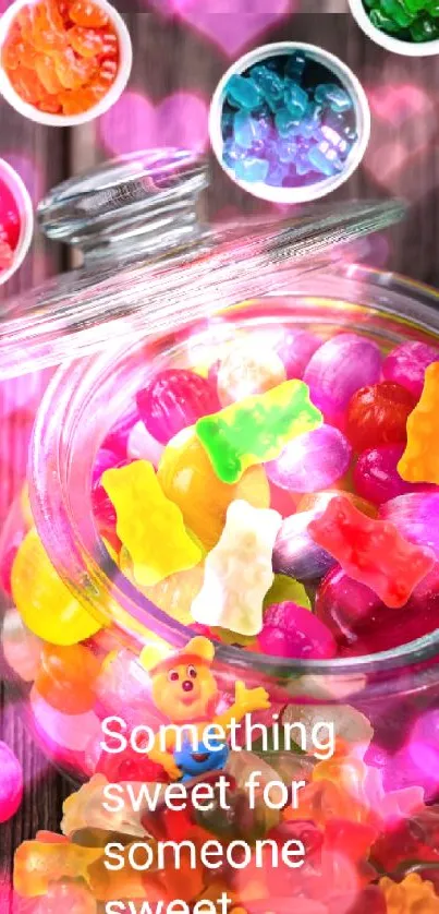 A jar of colorful gummy bears on a wooden surface.