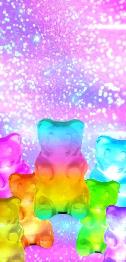 Colorful gummy bears in a vibrant galaxy-themed background.