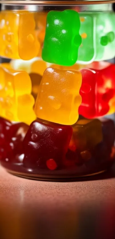 Colorful gummy bears in a jar, vibrant and playful wallpaper.