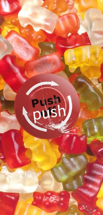 Colorful gummy bears scattered playfully on a background.