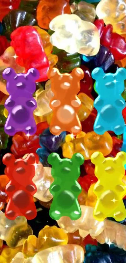 Colorful gummy bears scattered on a vibrant background.