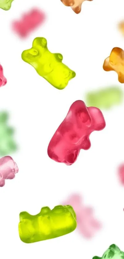 Colorful gummy bears floating on a white background, perfect for a candy-themed wallpaper.