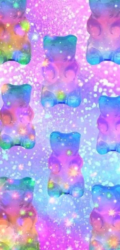 Colorful gummy bears on a sparkling, purple background.