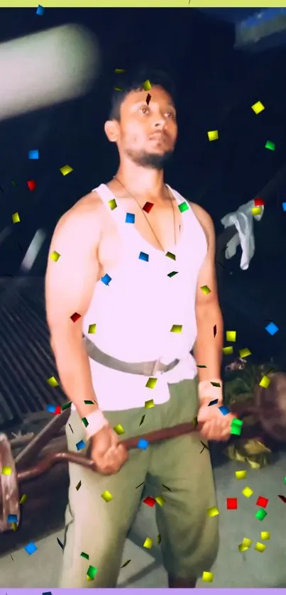 Man lifting weights with colorful confetti background.