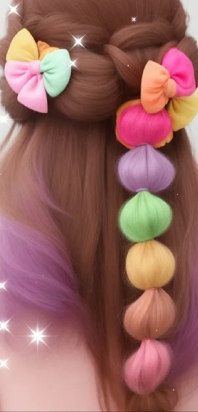 Back view of hair with colorful bows in pastel shades.