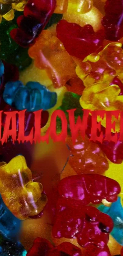 Colorful gummy bears wallpaper with 'Halloween' text.