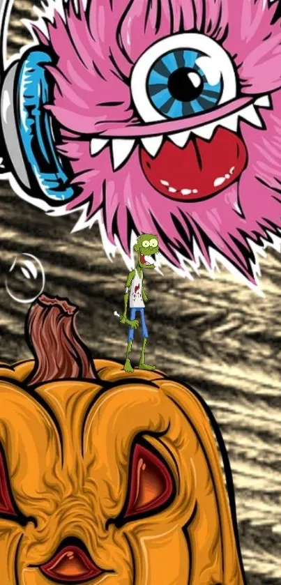 Colorful cartoon monster with pumpkin in vibrant Halloween scene.