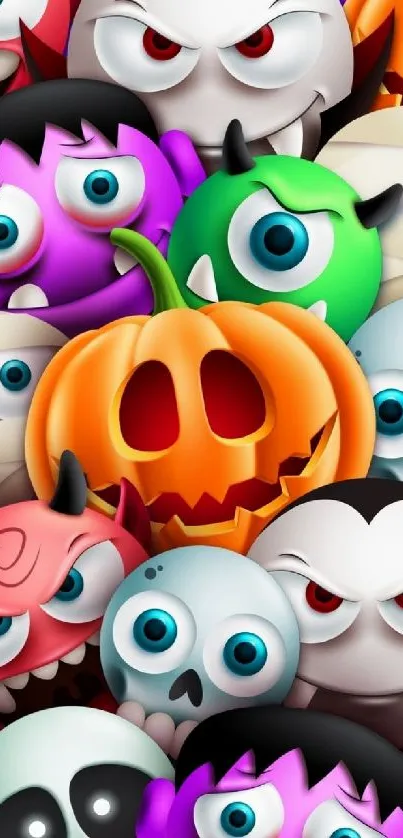 Colorful cartoon Halloween monsters with pumpkins and skulls.