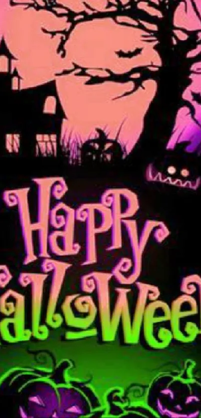 Vibrant Halloween wallpaper with bats, pumpkins, and a haunted house under a pink moon.