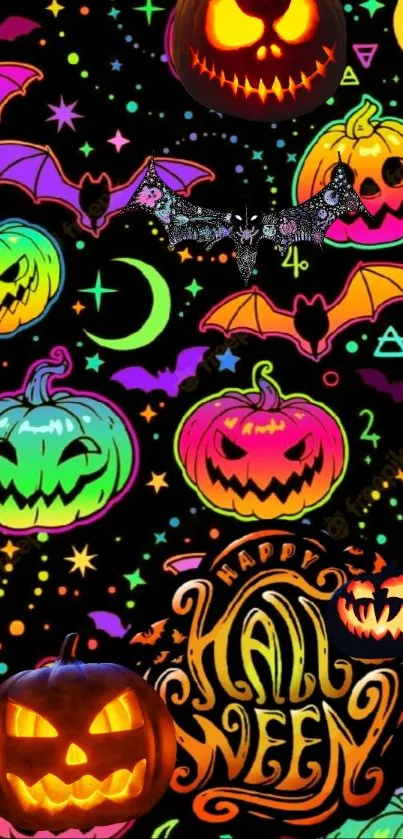 Colorful Halloween wallpaper with neon pumpkins and bats on a black background.