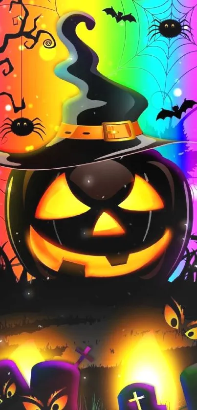 Vibrant Halloween pumpkin with rainbow hues and spooky bats.