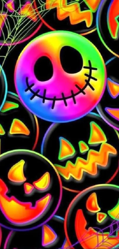 Colorful Halloween-themed wallpaper with skulls and pumpkins on a dark backdrop.