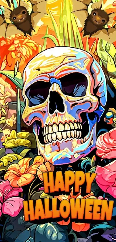 Colorful skull and flowers with Halloween bats in jungle art.