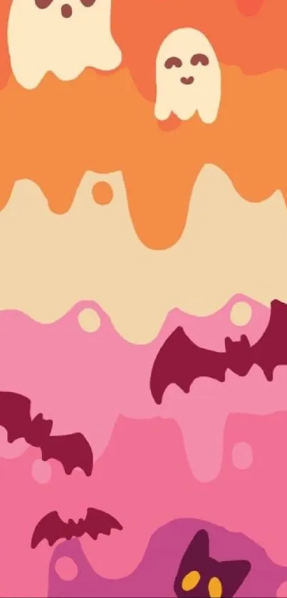 Colorful Halloween wallpaper with ghosts and bats under a peachy sky.