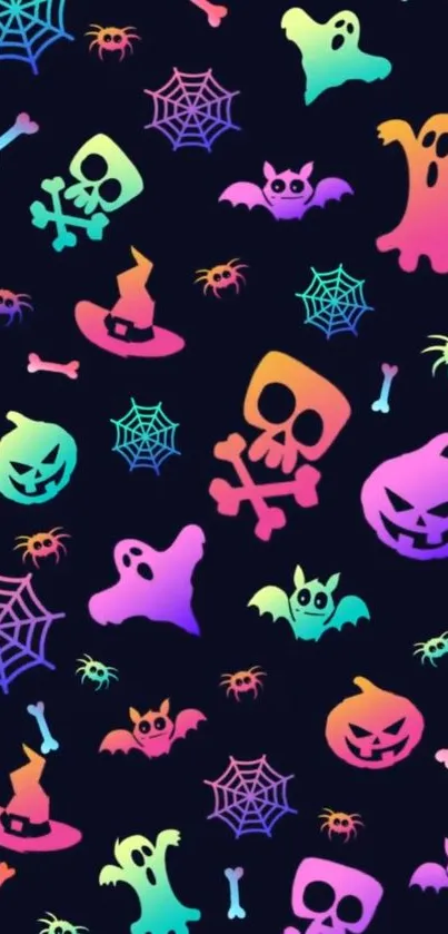 Colorful Halloween wallpaper with neon ghosts, skulls, and pumpkins on a black background.