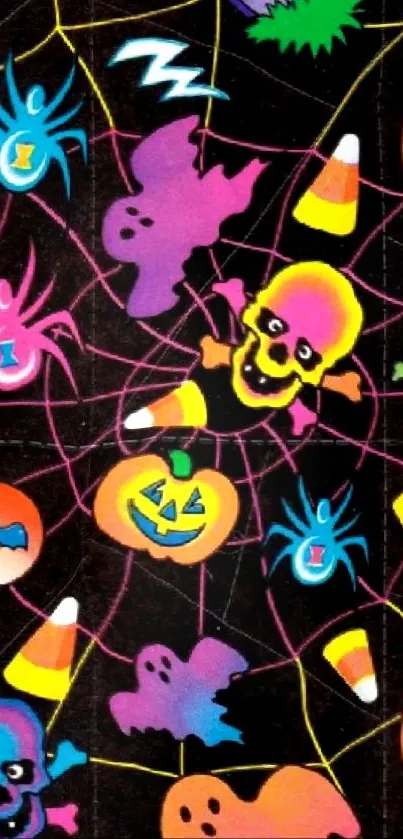 Colorful Halloween wallpaper with ghosts, pumpkins, and candy corn on a black web.