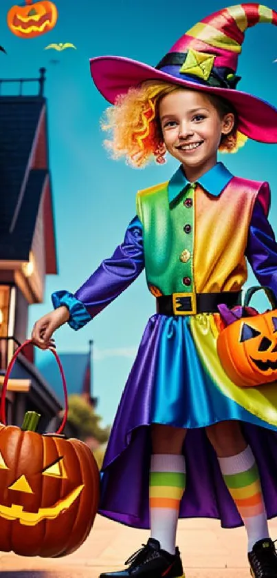 Colorful Halloween witch with pumpkins under a vibrant night sky.