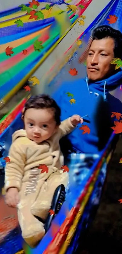 Father and child on colorful hammock surrounded by leaves.