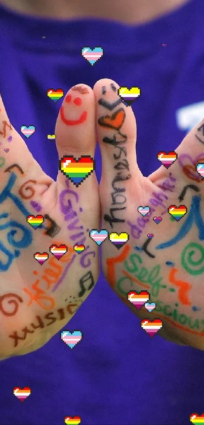 Hands decorated with colorful positive words and symbols on a purple background.