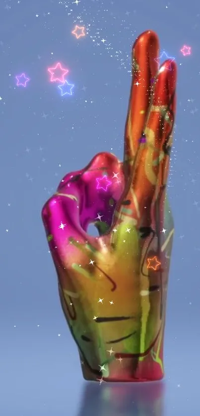 Vibrant colorful hand gesture with star effects on blue background.