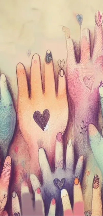 Whimsical hands with heart designs in colorful pastel shades.