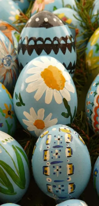 Hand-painted Easter eggs with floral designs in bright colors.