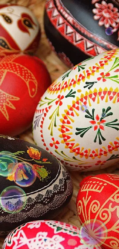 Colorful hand-painted Easter eggs in a basket.