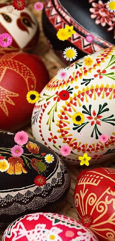 Colorful hand-painted Easter eggs with intricate designs in a wicker basket.