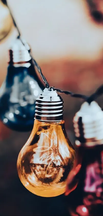 Colorful hanging light bulbs create vibrant decor.