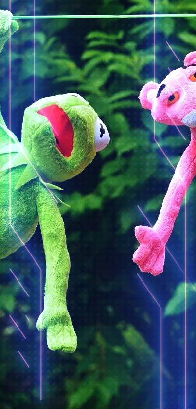 Two vibrant stuffed animals hanging in a lush green setting.