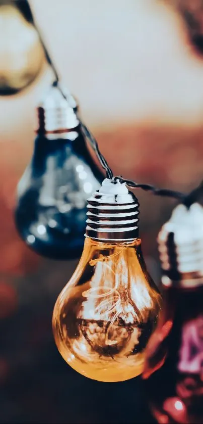 Colorful hanging light bulbs create a vibrant, warm glow against a blurred background.