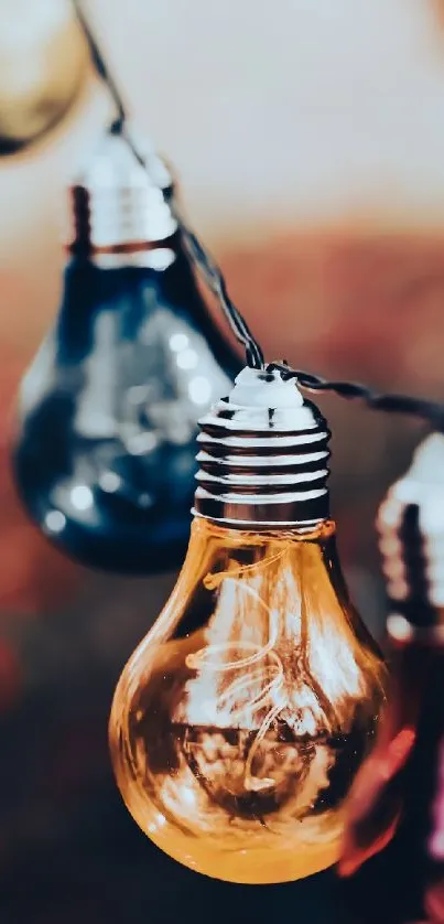 Artistic light bulbs hanging with a warm glow in a vibrant background.