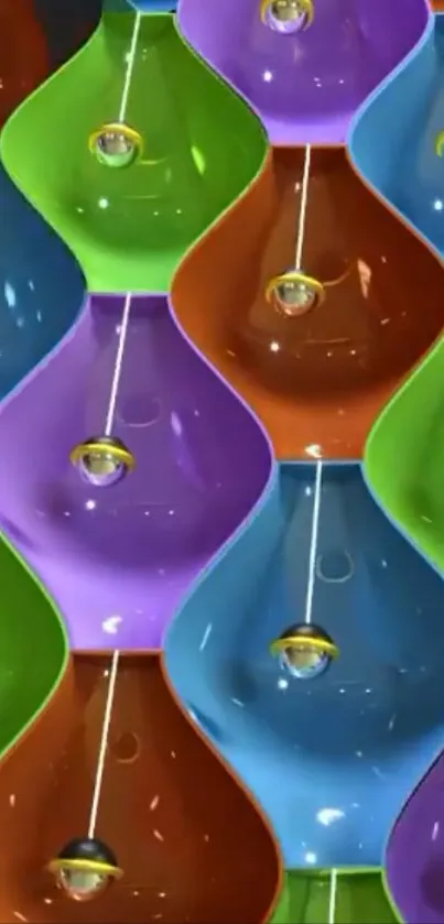 Colorful abstract wallpaper with hanging shapes.
