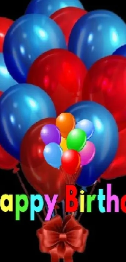 Colorful balloons with 'Happy Birthday' text on black background.