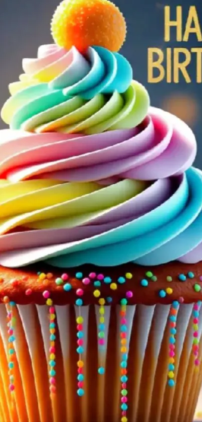 Colorful cupcake with rainbow frosting for a birthday celebration.