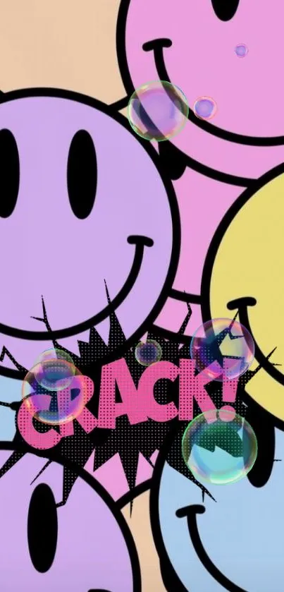 Colorful happy faces with 'CRACK!' text design and bubbles wallpaper.