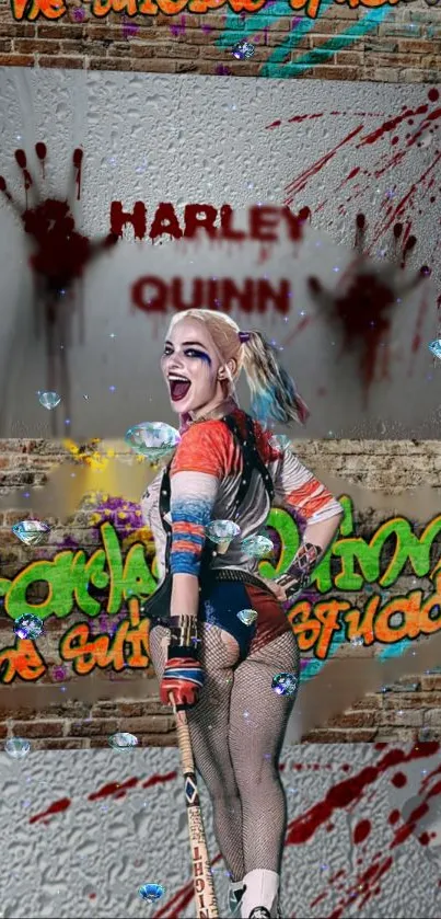 Harley Quinn graffiti-inspired wallpaper with vibrant colors.