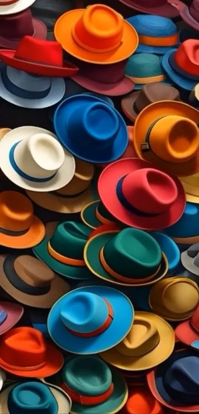 Mobile wallpaper with colorful hats arranged in a vibrant pattern.