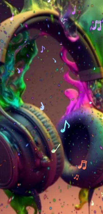 Colorful headphones with musical notes in vibrant, neon art style.