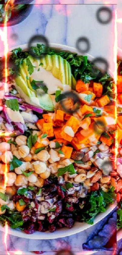Colorful food bowl featuring vegetables and nuts on a marble background.