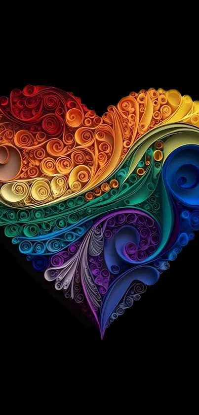 Colorful abstract heart with swirl patterns on a black background.