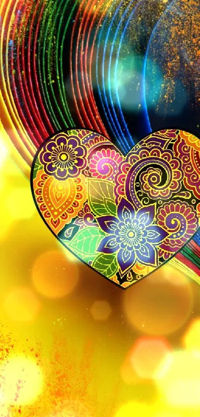 Colorful abstract heart design with rainbow and yellow hues.