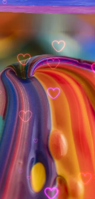 Vibrant abstract mobile wallpaper with colorful swirls and glowing hearts.